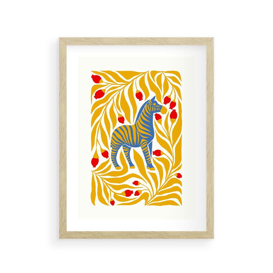 Plakat w ramie 30x40 - Zebra w Nowoczesności - abstrakcyjna nowoczesna grafika, pośrodku zebra - rama drewno