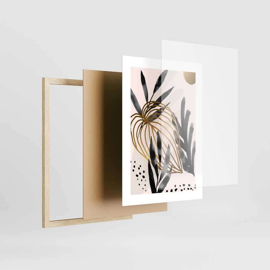 Zestaw obrazy w ramie 40x50 galeria - Złoto, liście, akwarele - rama drewno