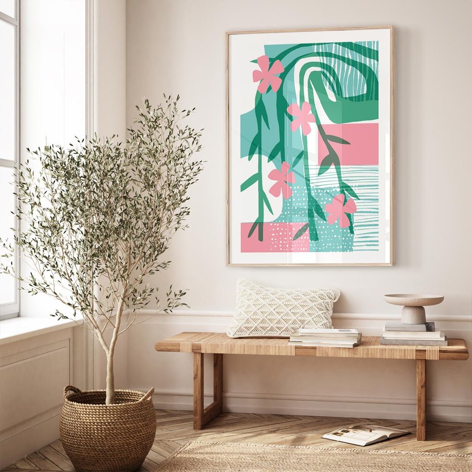 Plakat w ramie 50x70 - Rozkwitające Harmonie Form - abstrakcyjne pastelowe kwiaty, nowoczesna sztuka - rama drewno