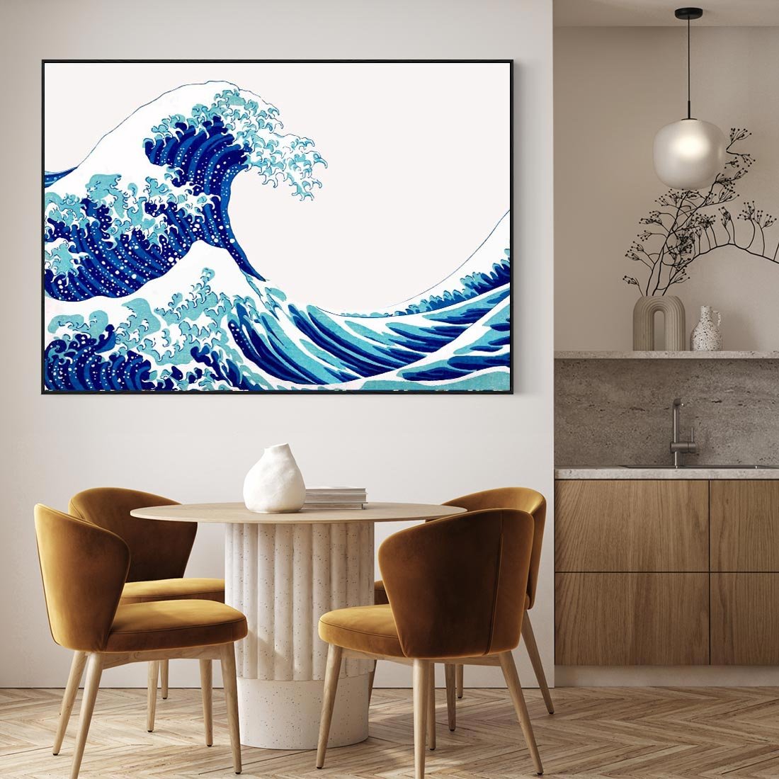 Obraz w ramie 100x70 - Fala Japandi - wielka fala w Kaganawie, obraz Hokusai - rama czarna