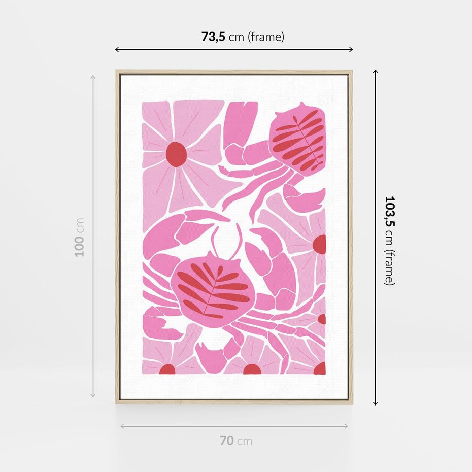 Obraz w ramie 70x100 - Roztańczone Kraby - różowe kwiaty i kraby, abstrakcyjna kompozycja - rama drewno