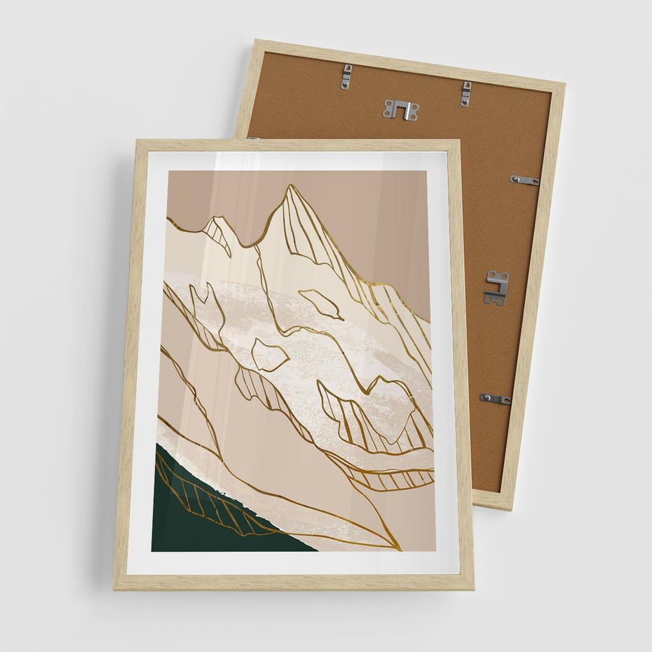 Plakat w ramie 50x70 - Góry w Złocie i Minimalizmie - grafika, złote góry - rama drewno