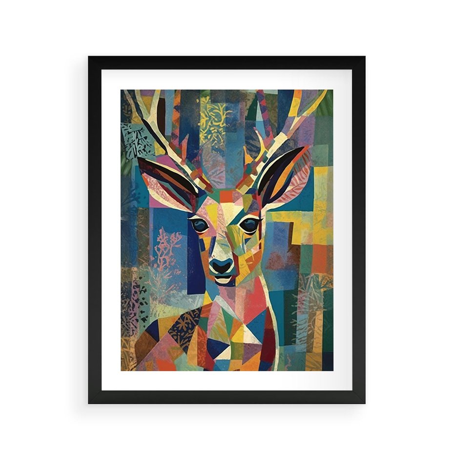 Plakat w ramie 40x50 - Bezgraniczne Kontury Zaskoczenia - abstrakcyjny obraz olejny, jeleń - rama czarna