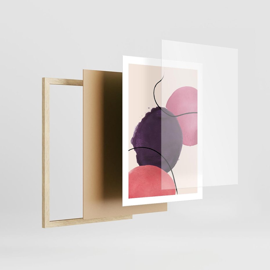 Plakat w ramie 50x70 - Migotliwe Widzenia - abstrakcyjne akwarelowe plamy, nieregularne linie - rama drewno