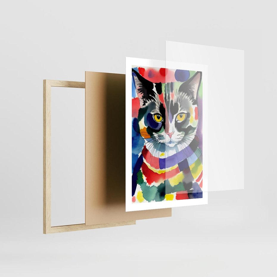 Plakat w ramie 50x70 - Koci Przyjaciel - abstrakcyjny obraz, akwarela - rama drewno