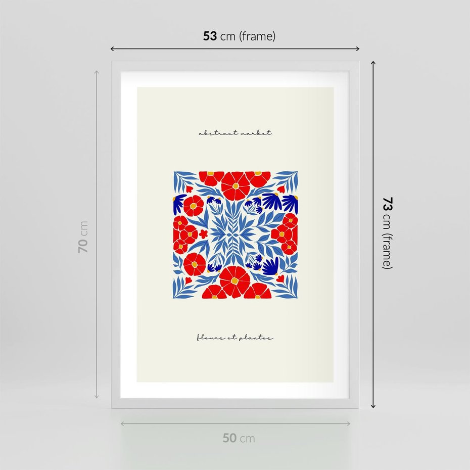 Plakat w ramie 50x70 - Tajemnicza Droga - nowoczesna kwiatowa kompozycja, czerwony i niebieski - rama biała