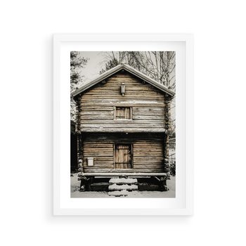 Plakat w ramie 50x70 - Stary Drewniany Dom w Śniegu - stary drewniany dom, zima - rama biała