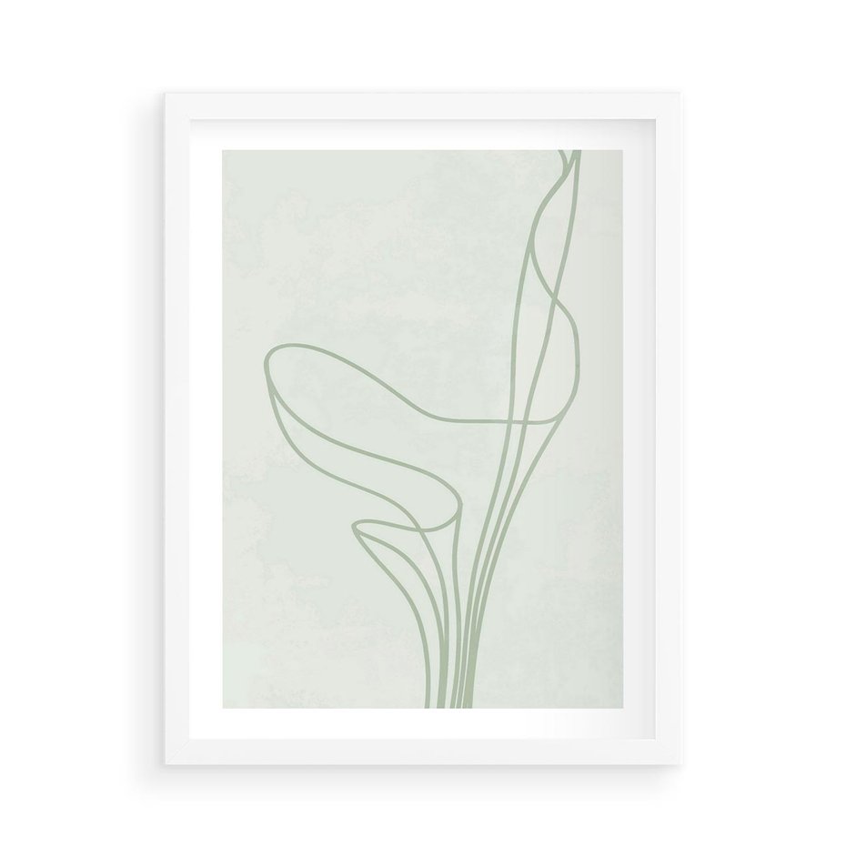 Plakat w ramie 50x70 - Zielona Równowaga Linii - abstrakcyjne delikatne zielone linie, nowoczesny plakat - rama biała