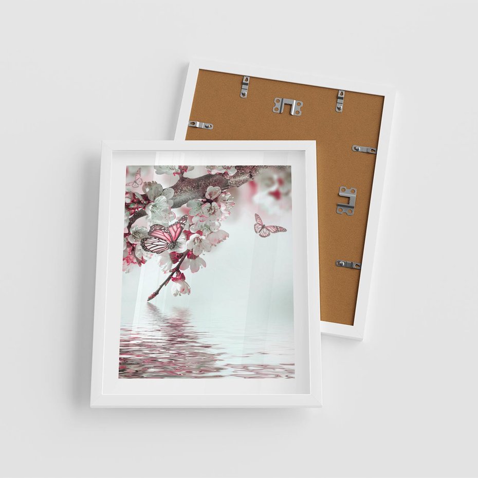 Plakat w ramie 40x50 - Kwiatowa baśń z motylami - kwiaty, motyle - rama biała