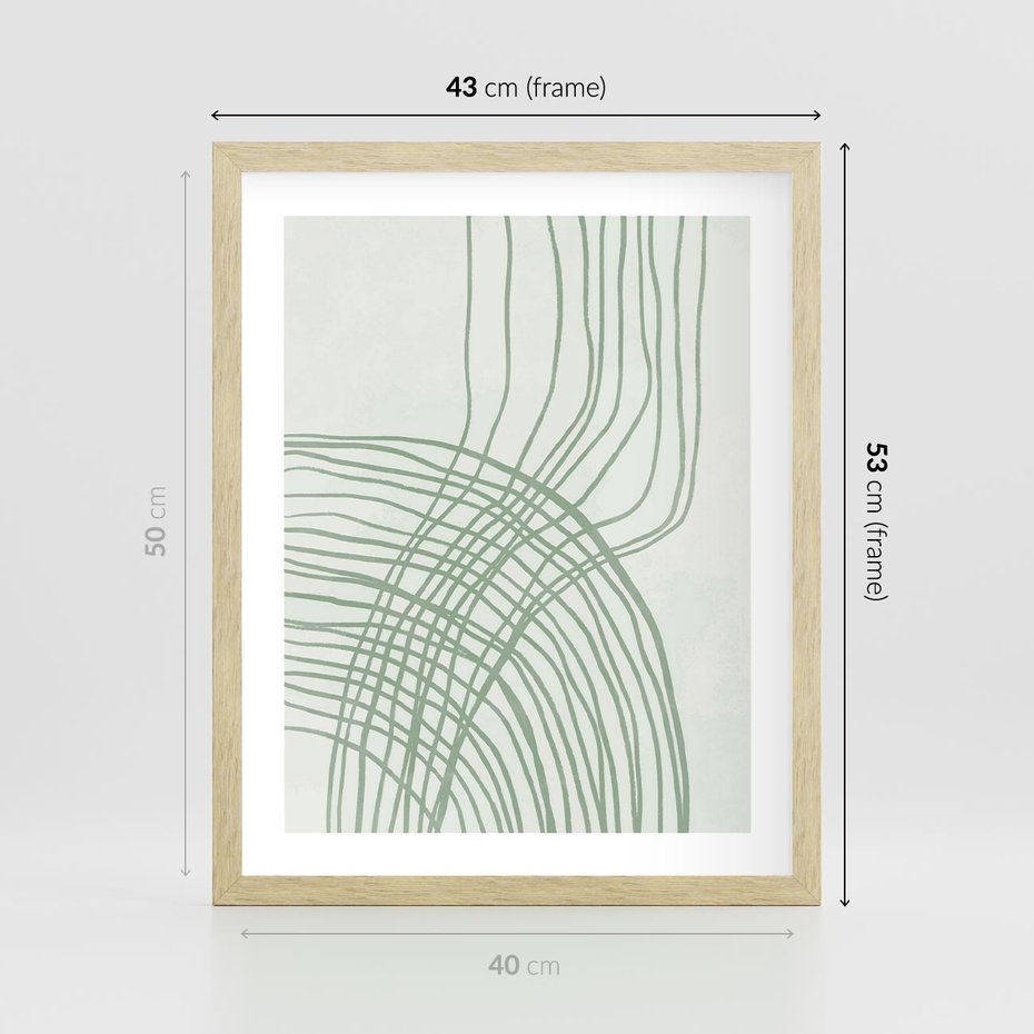 Plakat w ramie 40x50 - Migotliwa Spokojna Zieleń - zielony plakat, abstrakcyjne splątane linie - rama drewno