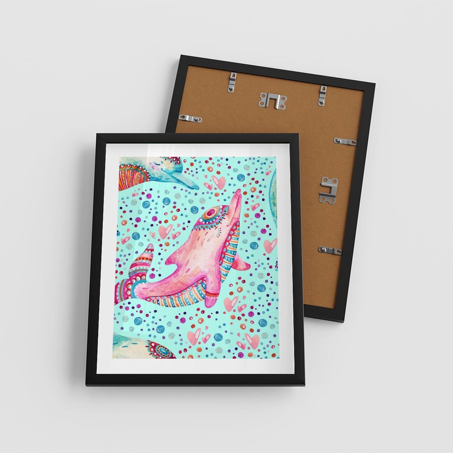 Plakat w ramie 40x50 - Lekkość W Ruchu - delfin, akwarela - rama czarna