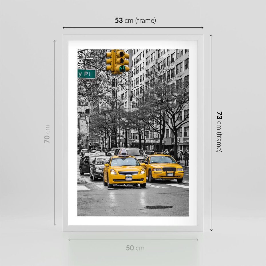 Plakat w ramie 50x70 - Taksówki w Nowym Jorku - taksówki, Nowy Jork - rama biała