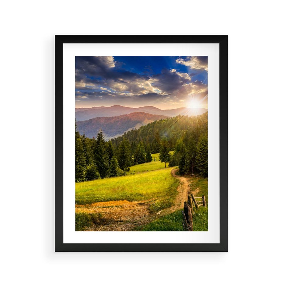 Plakat w ramie 40x50 - Zachód słońca na łące - zachód, łąka - rama czarna