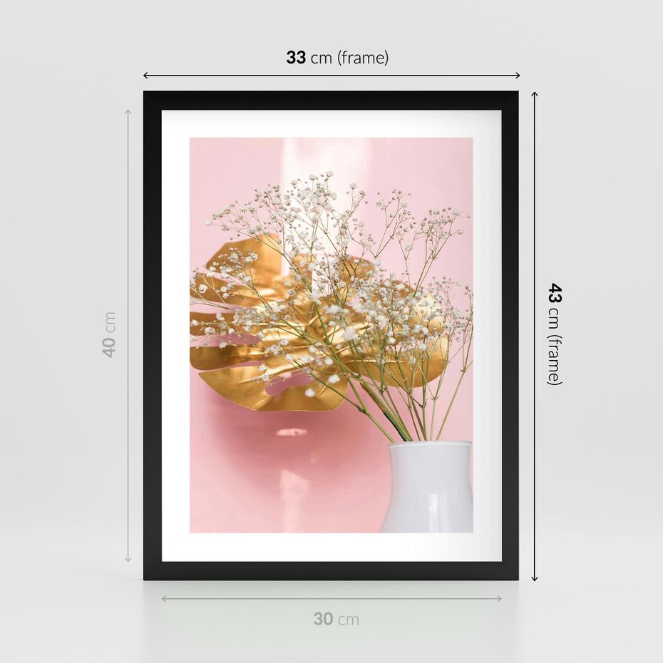 Plakat w ramie 30x40 - Złoty Akcent - złoty liść montery, gipsówka - rama czarna