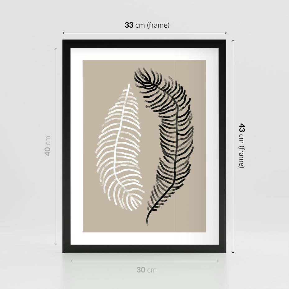 Plakat w ramie 30x40 - Spleciona Harmonia - sztuka nowoczesna, białe i czarne pióro - rama czarna