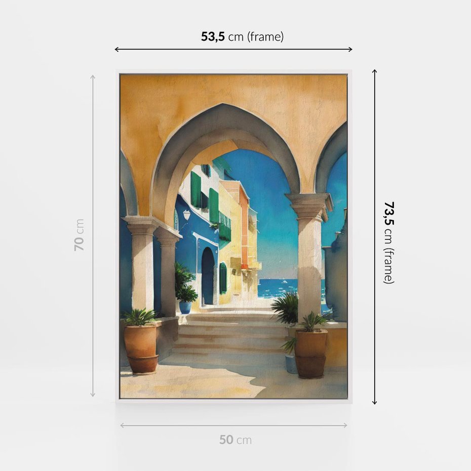 Obraz w ramie 50x70 - Nadmorskie Łuki - akwarela, śródziemnomorski klimat - rama biała
