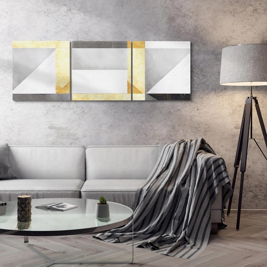 Obraz na płótnie 120x40 - Marmur w Geometrycznych Kształtach - geometryczne linie, złoto i szarość