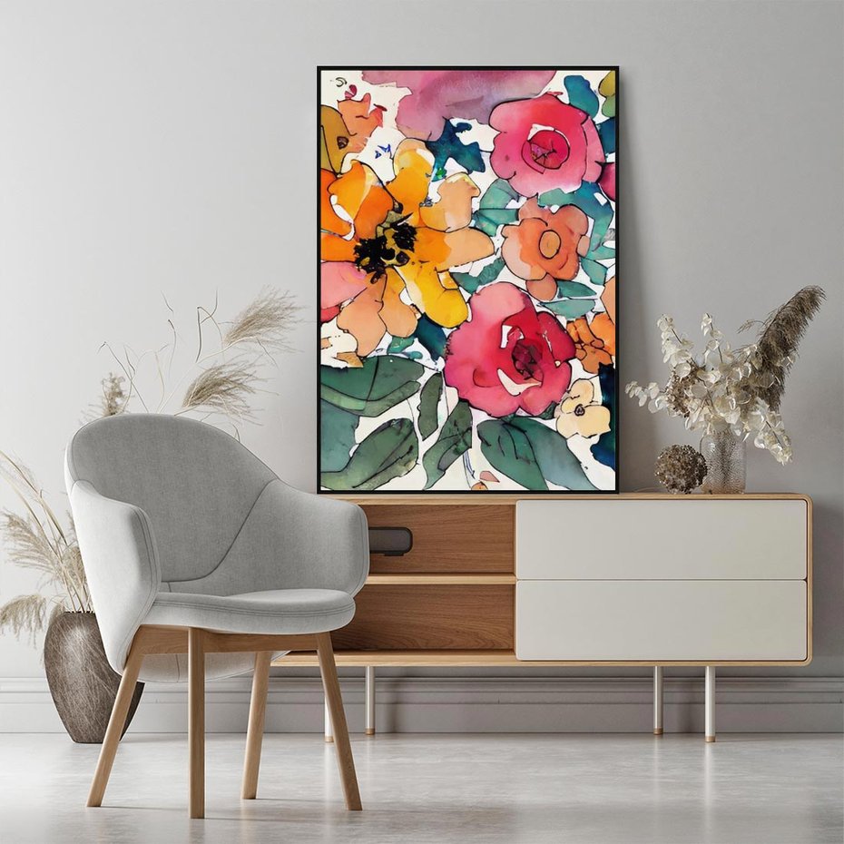 Obraz w ramie 70x100 - Kwiatowy Impuls Kolorów - abstrakcyjne kolorowe kwiaty, szkic - rama czarna