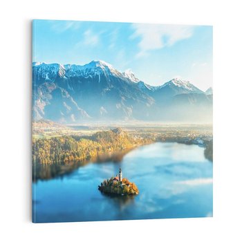 Obraz na płótnie 40x40 - Zamek pośrodku jeziora- jezioro, góry