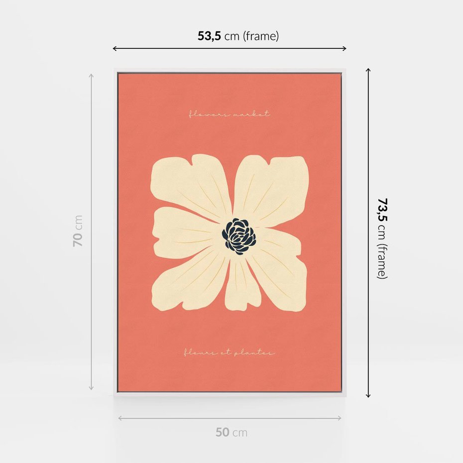 Obraz w ramie 50x70 - Malowane Kolorowe Echa - minimalistyczna grafika, biały kwiat na różowym tle - rama biała