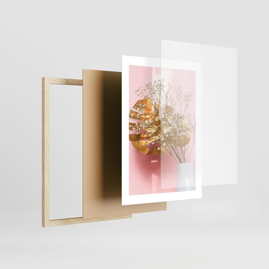 Plakat w ramie 30x40 - Złoty Akcent - złoty liść montery, gipsówka - rama drewno