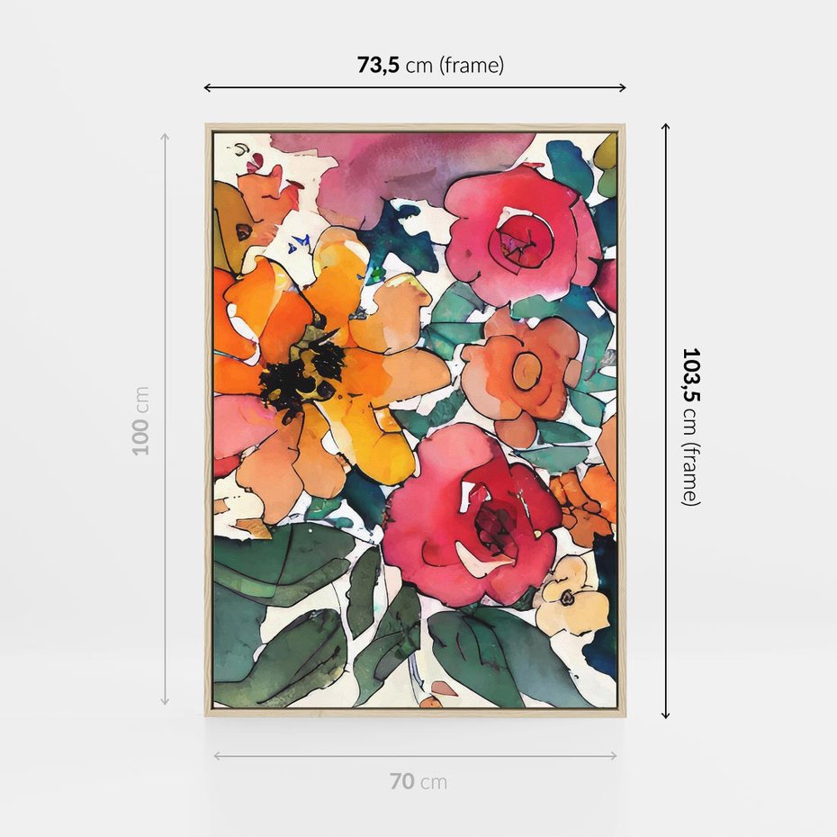 Obraz w ramie 70x100 - Kwiatowy Impuls Kolorów - abstrakcyjne kolorowe kwiaty, szkic - rama drewno