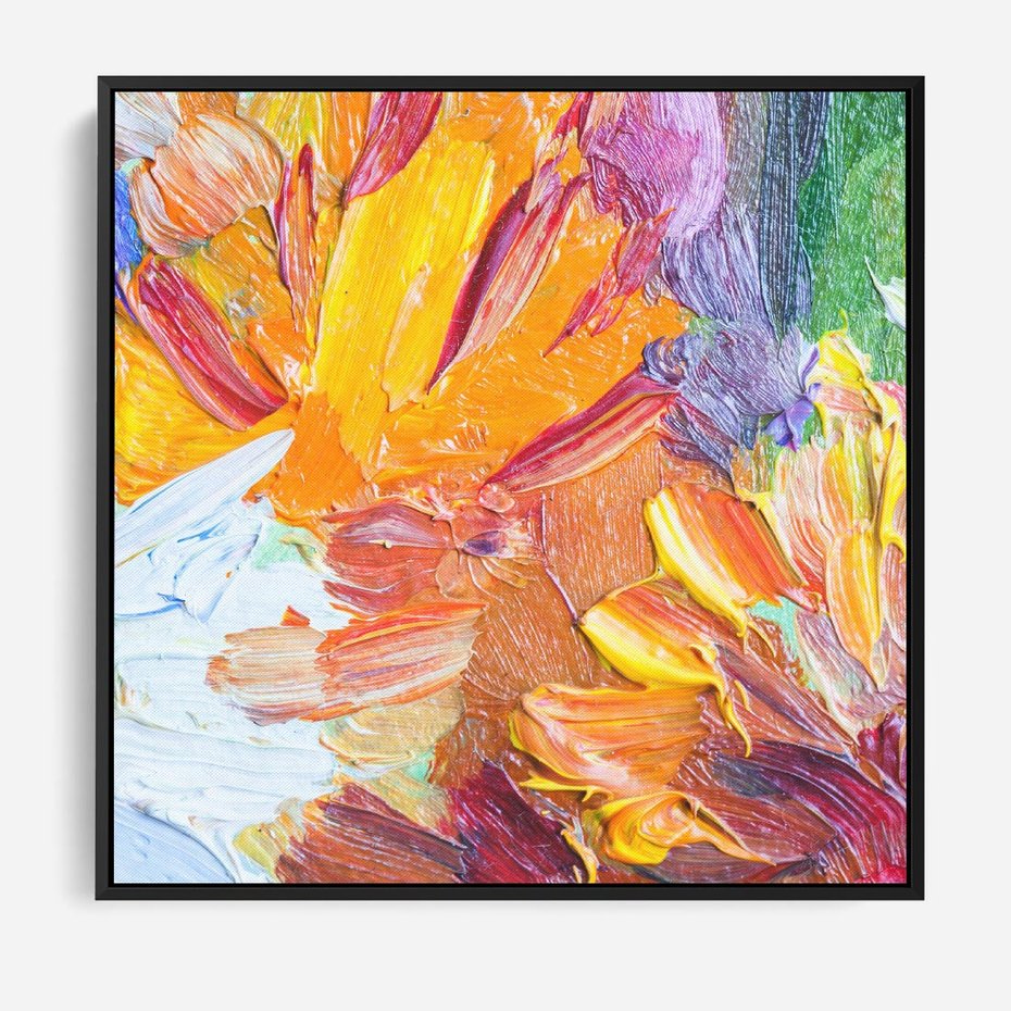 Obraz w ramie 50x50 - Kwiatowe Harmonie - zbliżenie na obraz olejny, gruba warstwa farby - rama czarna
