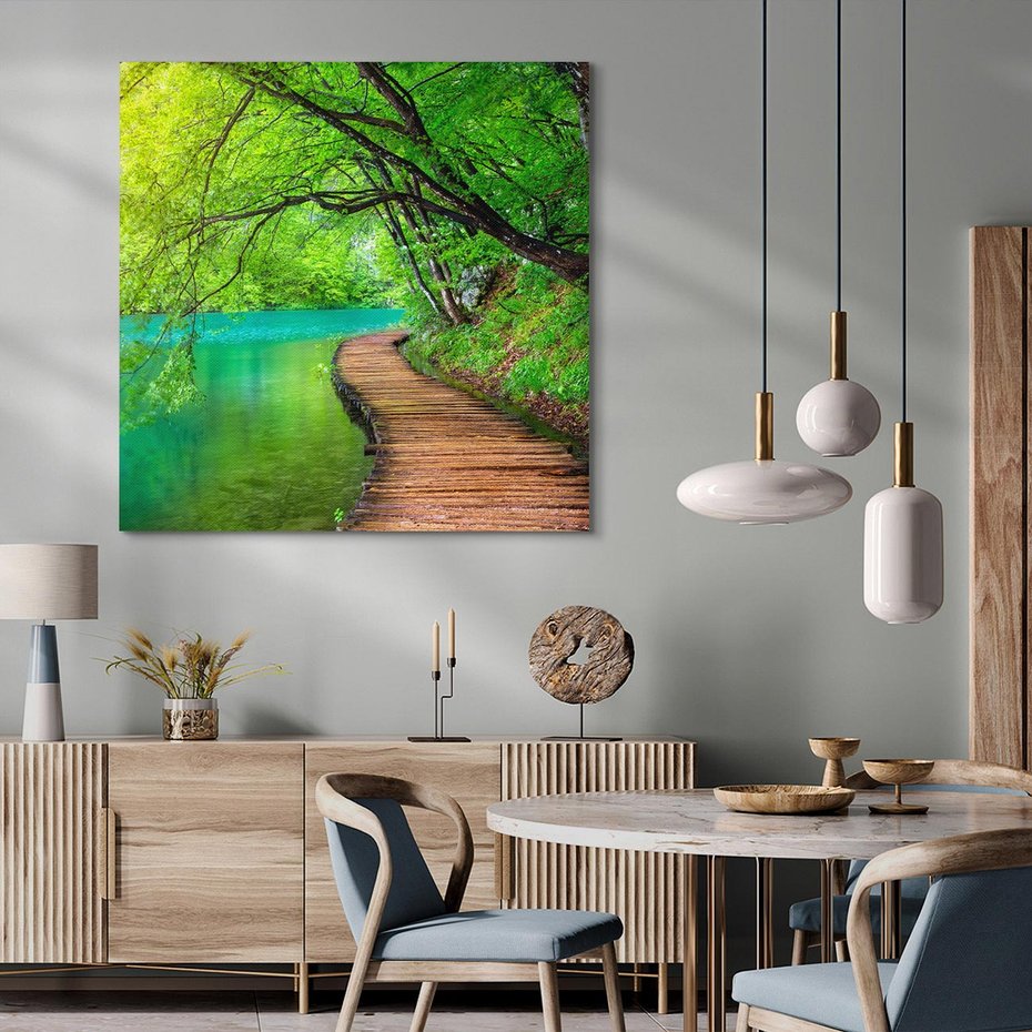 Obraz na płótnie 40x40 - Spokój nad jeziorem: Zatop się w naturze - jezioro, drzewa