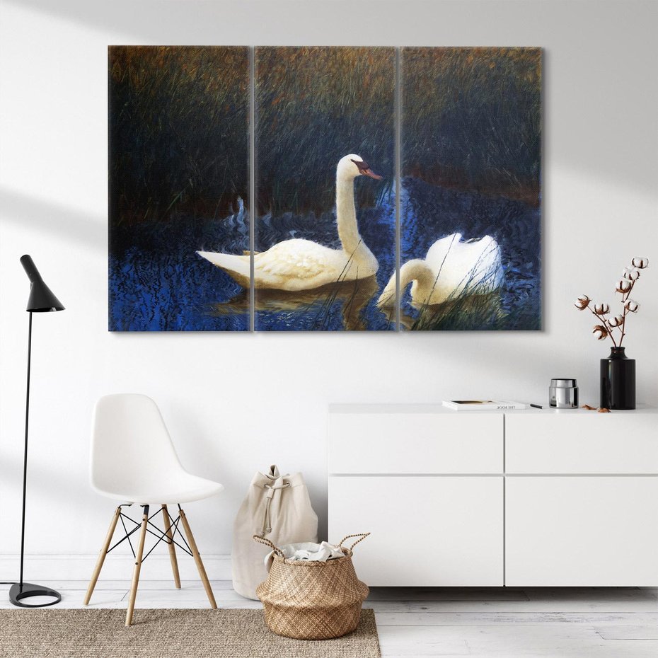 Obraz na płótnie 120x80 - "Łabędzie w trzcinach" (1907) Bruno Liljefors - Reprodukcja - reprodukcja, obraz na płótnie