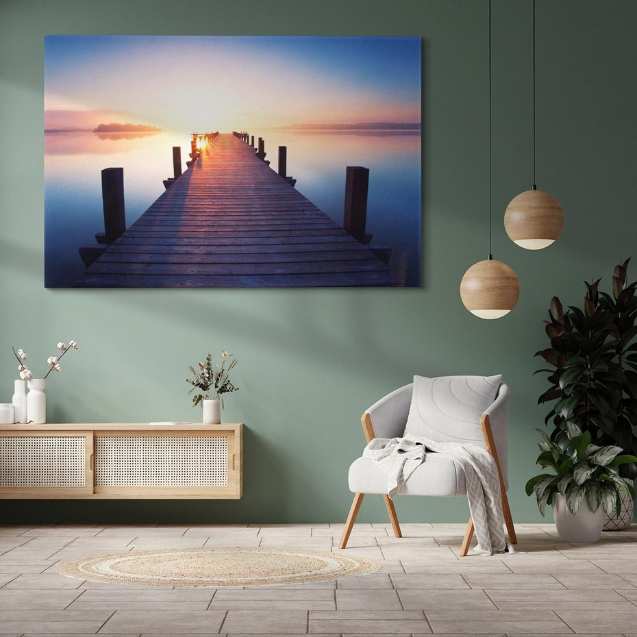 Obraz na płótnie 100x70 - Zachód słońca nad molo: Magia morza - molo, zachód słońca