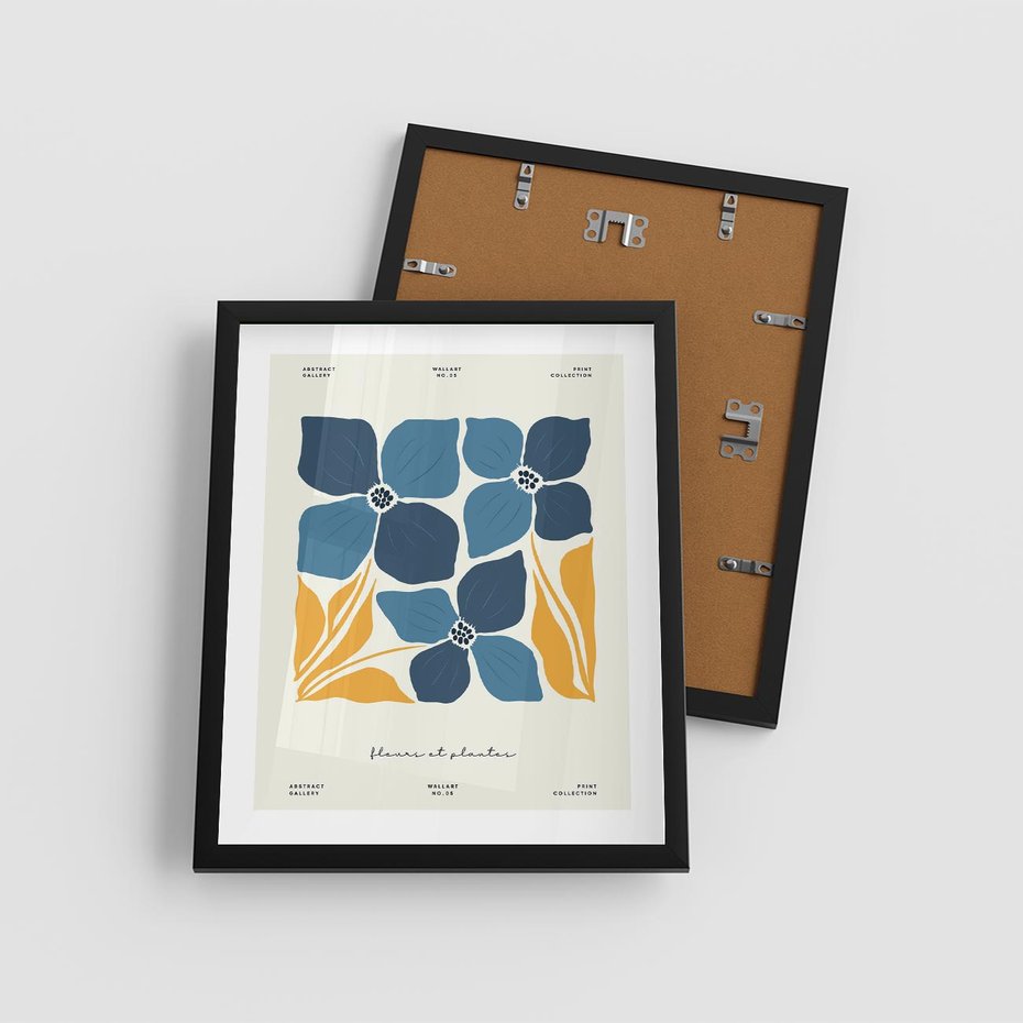 Plakat w ramie 40x50 - Błękitne Nowości - niebieskie kwiaty, nowoczesna sztuka - rama czarna