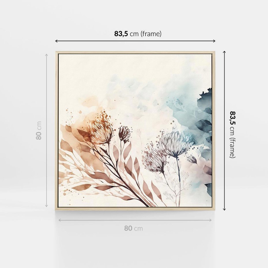 Obraz w ramie 80x80 - Nostalgiczne tańce pędzla - akwarelowe kwiaty, gałęzie - rama drewno
