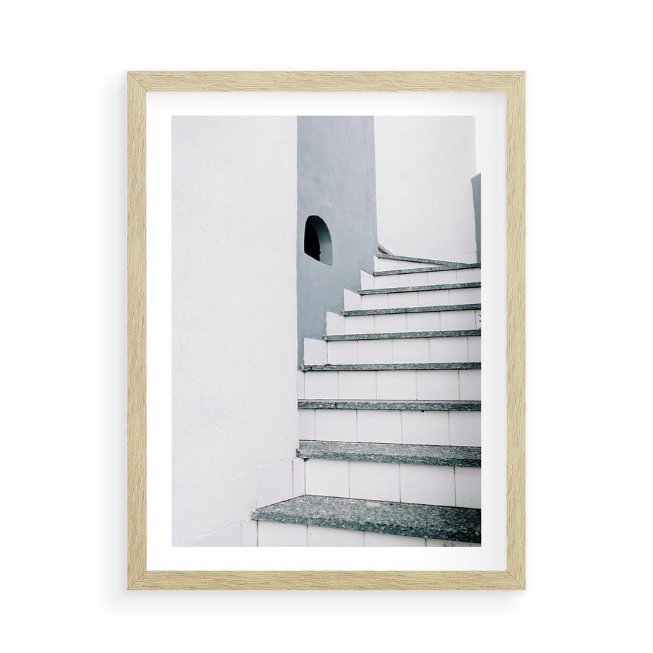 Plakat w ramie 50x70 - Schody ku Urokowi Wyspy - schody, santorini - rama drewno