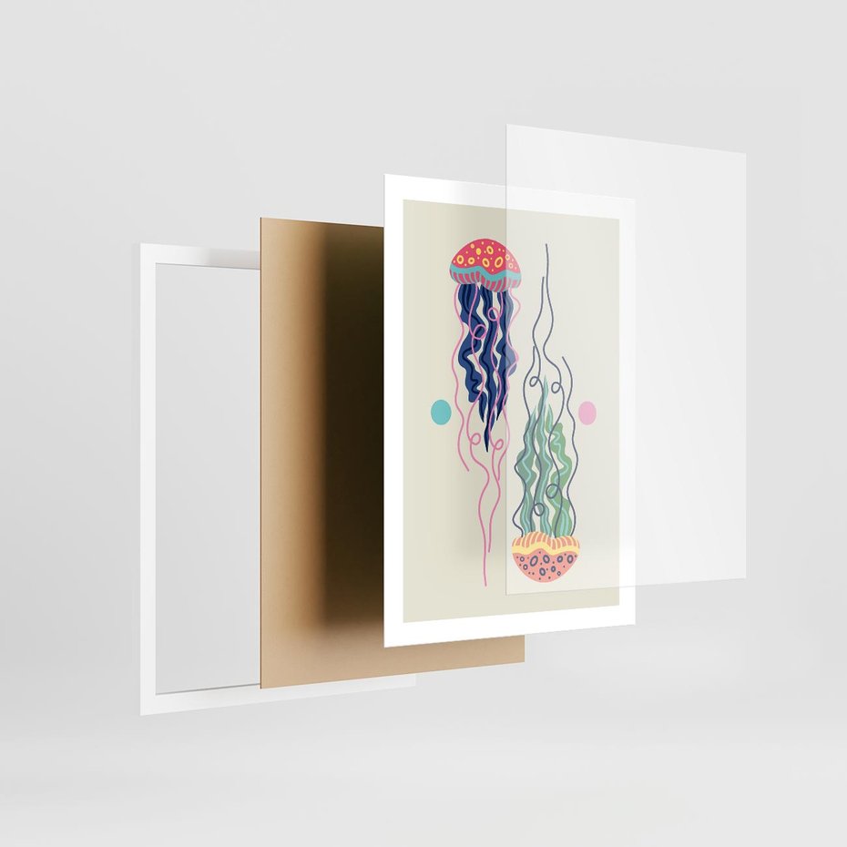 Plakat w ramie 50x70 - Morskie Pulsacje - nowoczesny optymistyczny plakat, kolorowe meduzy - rama biała