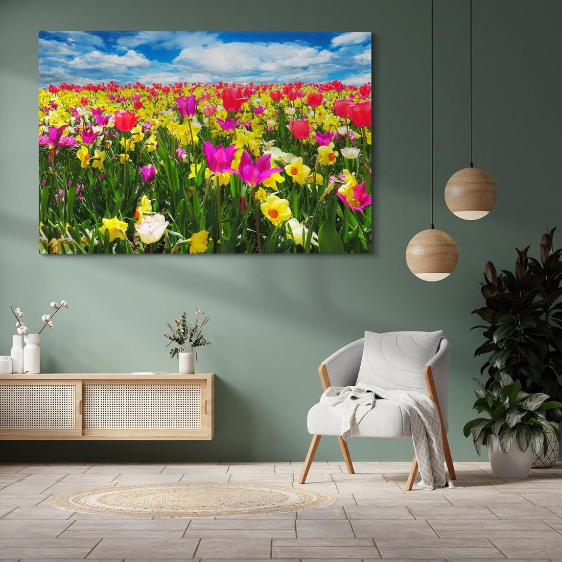 Obraz na płótnie 100x70 - tulipany na łące - kwiaty, tulipany