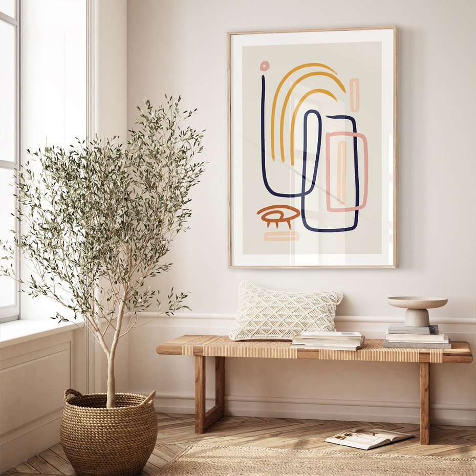 Plakat w ramie 50x70 - Abstrakcyjne Mrugnięcie - abstrakcja w stylu picasso, beżowe tło - rama drewno