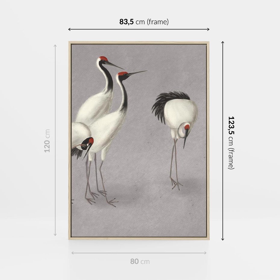 Obraz w ramie 80x120 - Spojrzenie wstecz w pędzlu - szkic rysunek, japońskie żurawie - rama drewno