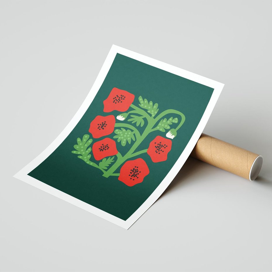 Plakat bez ramy 21x30 - Księga Odbić - abstrakcyjna kwiatowa kompozycja, zielone mocne tło