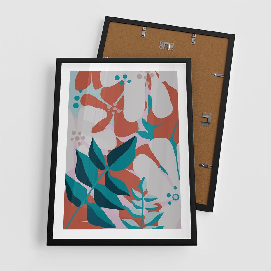 Plakat w ramie 50x70 - Harmonijne Formy - abstrakcyjna kompozycja kwiatowych form, kolor zgaszone - rama czarna