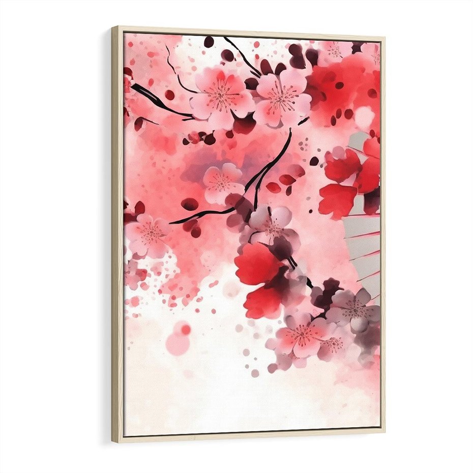 Obraz w ramie 70x100 - Szept Kwitnącej Wiśni - japoński parasol, liście - rama drewno