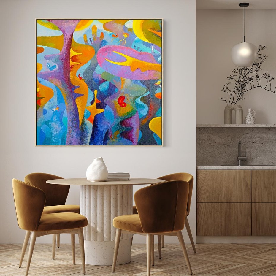 Obraz w ramie 50x50 - Płomienne Tańce Abstrakcji - energetyczna abstrakcja, dziwne formy - rama drewno