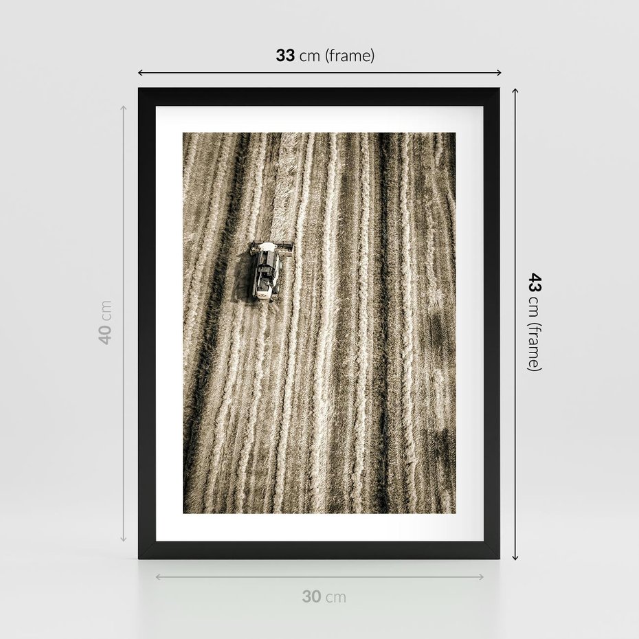 Plakat w ramie 30x40 - Sepia na Polu - kombajn, pole - rama czarna