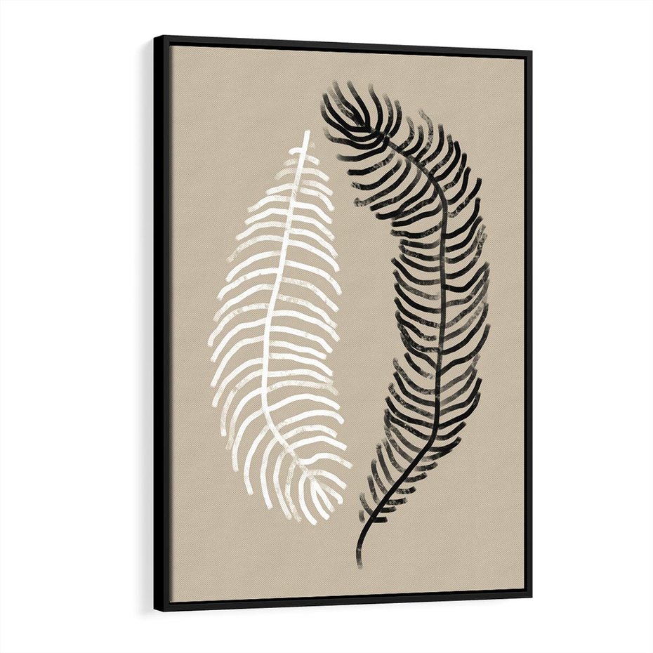 Obraz w ramie 70x100 - Spleciona Harmonia - sztuka nowoczesna, białe i czarne pióro - rama czarna
