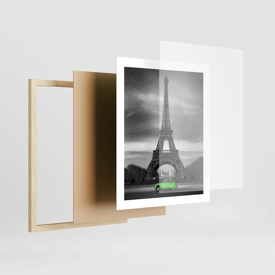 Plakat w ramie 40x50 - Paryskie Romantyczne Spotkanie - Eiffla, samochód - rama drewno
