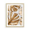Plakat w ramie 50x70 - Złote Akcenty w Fotografii - złotel liście monstery, na białym tle - rama drewno