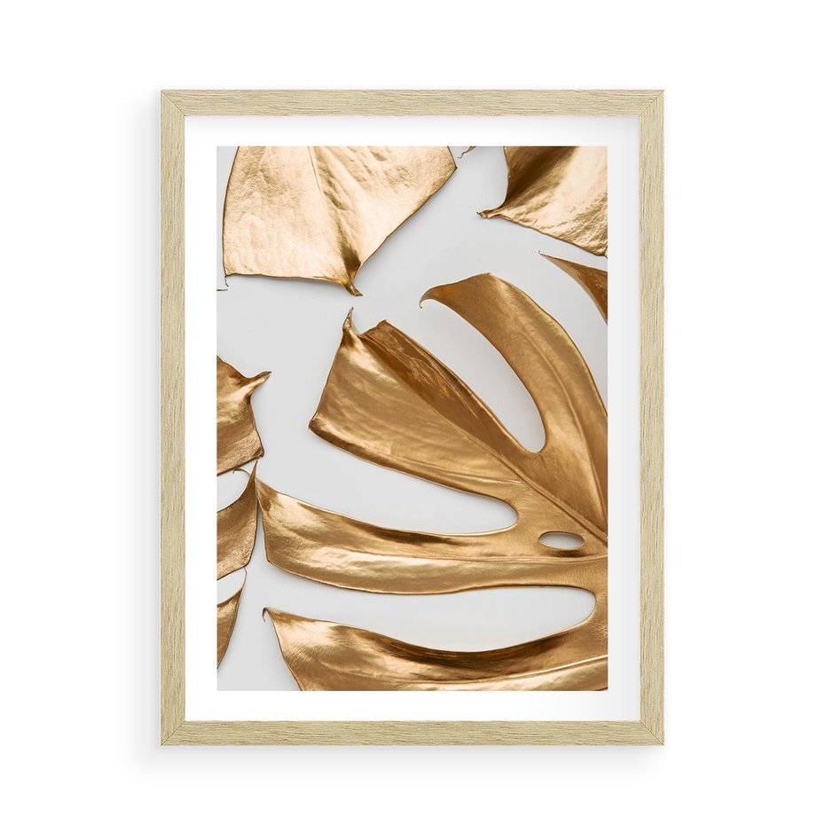 Plakat w ramie 50x70 - Siła Natury - złote, liście - rama drewno