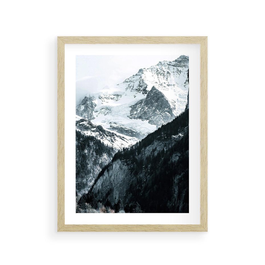 Plakat w ramie 30x40 - Góry w Zimowym Uścisku - góry, ośnieżone szczyty - rama drewno