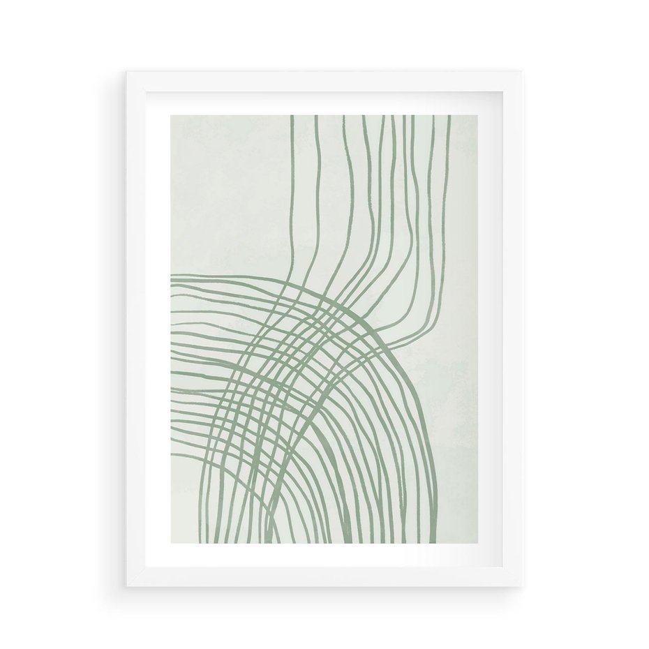 Plakat w ramie 50x70 - Migotliwa Spokojna Zieleń - zielony plakat, abstrakcyjne splątane linie - rama biała