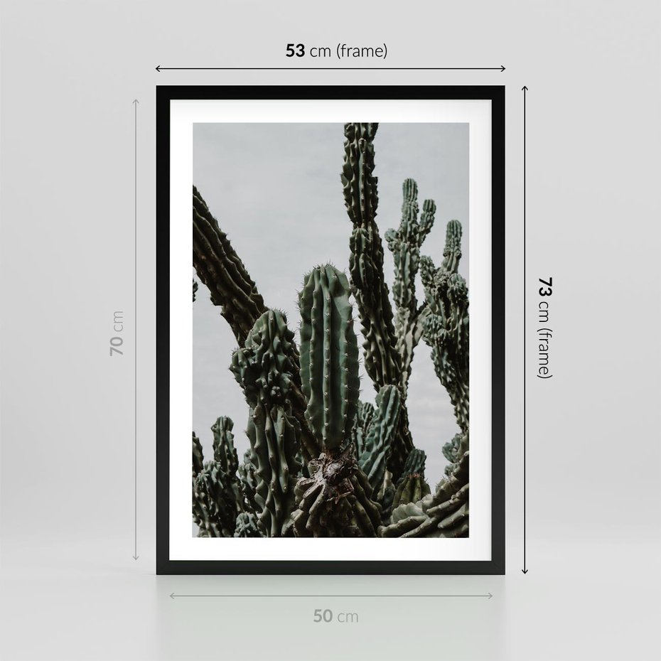 Plakat w ramie 50x70 - Boho oaza wśród kaktusów - kaktusy, pustynia - rama czarna
