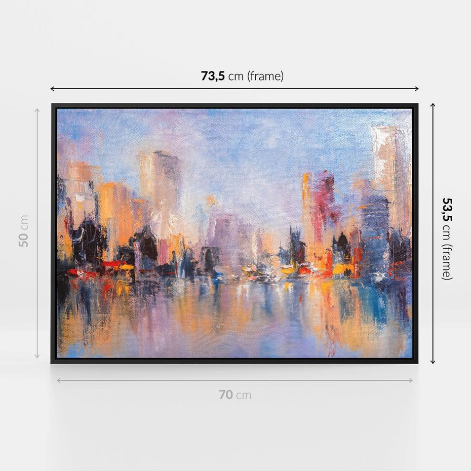Obraz w ramie 70x50 - Miasto Refleksji - olejna panorama miasta w oddali, wiezowce odbijają się w rzece - rama czarna
